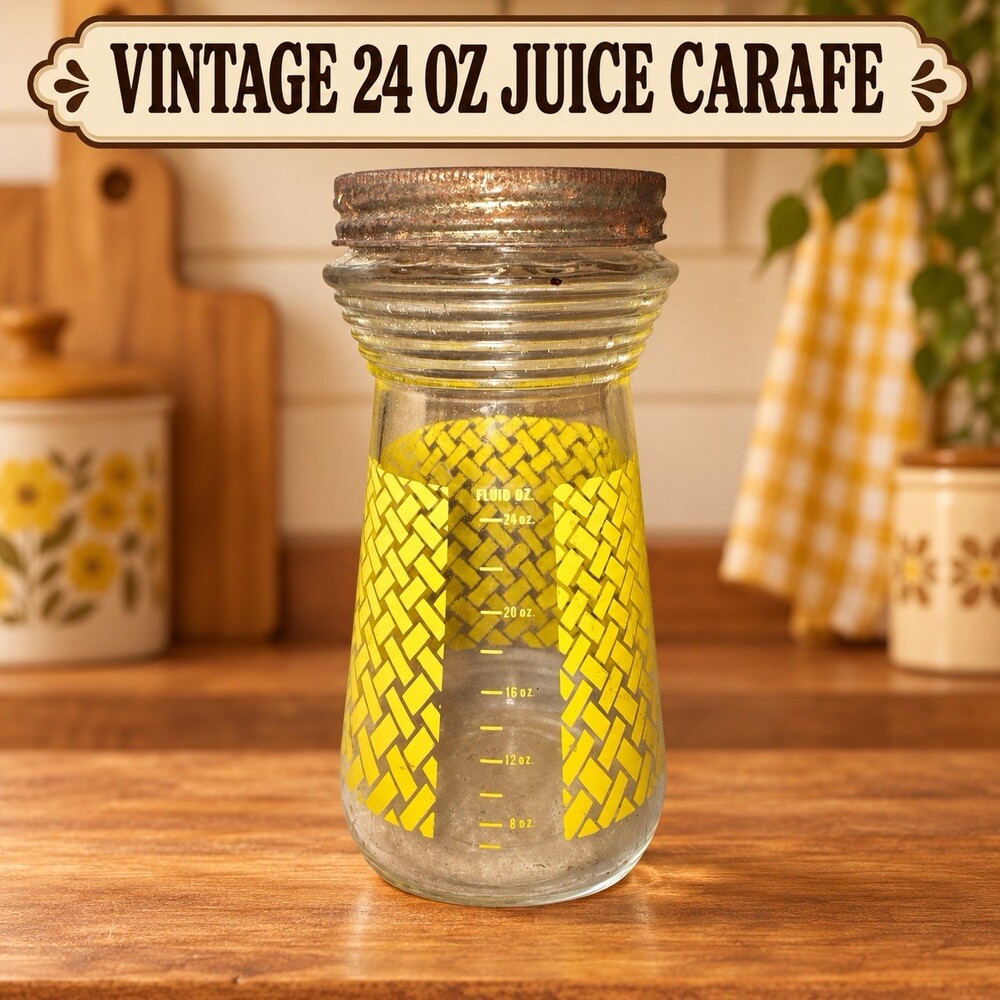 Vintage 1970s Glass Juice Carafe 24 Oz Yellow Woven Pattern Lid Ring